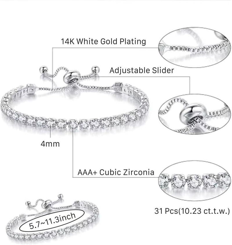 ElegGlo 14K Silver Plated Tennis Bracelet Set Cubic Zirconia Classic Adjustable Bracelet Silver Bracelets for Women Birthday Mother's Day Wedding Gift - Image 3